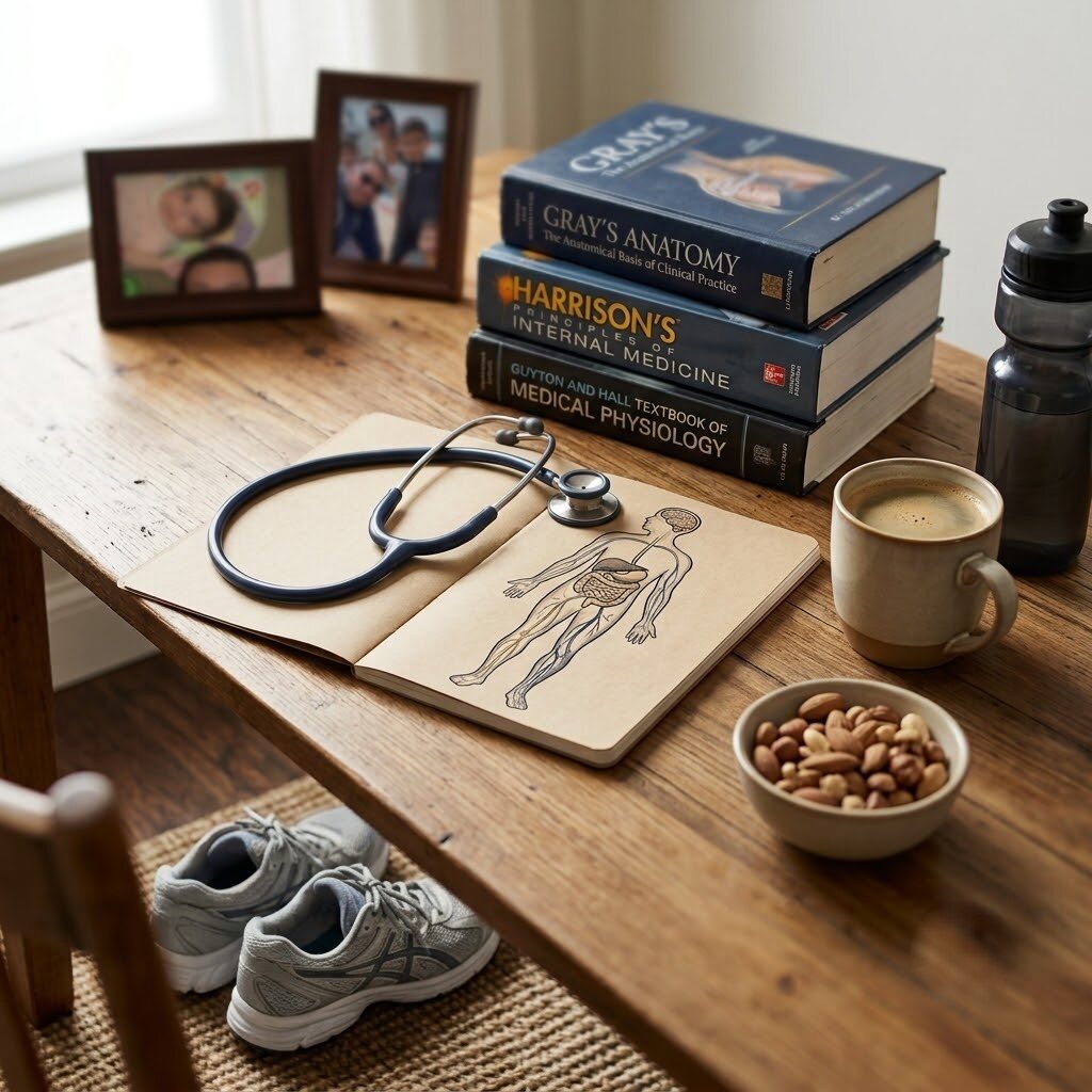 A surgeon's desk: medical textbooks, a stethoscope, an anatomy sketch, family photos, water, whole foods and running shoes